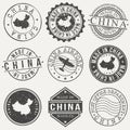 China Set of Stamps. Travel Stamp. Made In Product. Design Seals Old Style Insignia. Royalty Free Stock Photo
