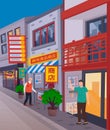 Chinese street with traditional shops, neon sign, traders. Oriental Chinese lanterns. Flat image