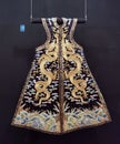 China Stately Demeanour Qing Emperor Yongzheng Blue Satin Court Robe Golden Dragons Polychrome Cloud Costume Palace Museum