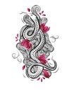 China style tattoo design with snake, flowers and waves Royalty Free Stock Photo