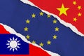 China, Taiwan and European Union flag ripped paper grunge background. Abstract China, Taiwan politics conflicts, war concept