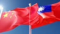 china and taiwan flags waving in the wind against a blue sky. chinese, taiwan national symbols 3d rendering Royalty Free Stock Photo