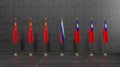 China, Taiwan, Russia flags. Flag China and Flag Taiwan and Flag Russia. Conflict between China vs Taiwan. 3D work and 3D image Royalty Free Stock Photo