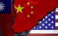 China Taiwan and USA flag on broken wall crack for conflict relation among three countries concept