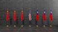 China, Taiwan, USA flags. Flag China and Flag Taiwan and Flag USA. Conflict between China vs Taiwan. 3D work and 3D image Royalty Free Stock Photo