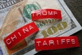 China Tariffs Trump labels on a US hundred dollar bill Royalty Free Stock Photo