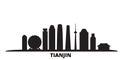 China, Tianjin city skyline isolated vector illustration. China, Tianjin travel black cityscape