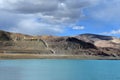 China, Tibet.Nature-created image of Buddha`s eyes on the mountain on the shore of holy lake Chovo Co 4765 m in summer cloudy da Royalty Free Stock Photo