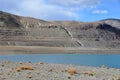 China, Tibet.Nature-created image of Buddha`s eyes on the mountain on the shore of holy lake Chovo Co 4765 m in summer day Royalty Free Stock Photo