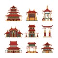 China traditional buildings. Cultural japan objects gate pagoda palace vector cartoon collection of buildings Royalty Free Stock Photo