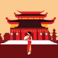 China traditional home house temple red with chinese woman standing in front