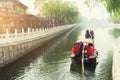 China traditional tourist boats on Beijing canals of Qianhai lake at ShiChaHai district in Beijing, China Royalty Free Stock Photo