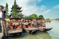 China traditional tourist boats on canals of Shanghai Zhujiajiao Water Town in Shanghai, China