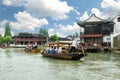 China traditional tourist boats on canals of Shanghai Zhujiajiao Water Town in Shanghai, China