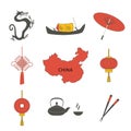 China travel asian traditional culture symbols icons set isolated vector illustration.