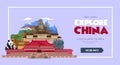 China travel concept. Beautiful China travel destinations. Explore Asia trip illustration. Vector travel design concept