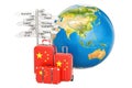 China travel concept. Suitcases with Chinese flag, signpost and