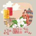 China travel illustration with chinese lanterns. Chinese set with architecture, food, costumes. Chinese tex Royalty Free Stock Photo