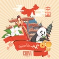 China travel illustration with panda and chinese girl. Chinese set with architecture, food, costumes. Chinese tex Royalty Free Stock Photo