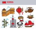 China travel landmarks and Chinese culture famous symbols vector icons set