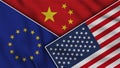 China United States of America European Union Flags Together Fabric Texture Illustration