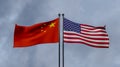China and USA flags, Blue sky and flag China vs flag USA, China USA flags, 3D work and 3D image Royalty Free Stock Photo