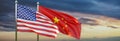 China and USA flag waving against cloudy sky, United States of America and Chinese symbol. 3d render Royalty Free Stock Photo