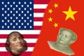 China and Usa Two Half Flags Together with faces of Benjamin Franklin and Mao Zedong Royalty Free Stock Photo