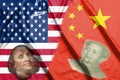 China and Usa Two Half Flags Together with faces of Benjamin Franklin and Mao Zedong Royalty Free Stock Photo
