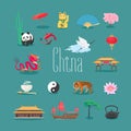 China vector icons, symbols with Chinese traditional landmarks, panda, tiger, temple Royalty Free Stock Photo