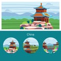 China. Vector illustration. Chinese pagoda on the background of the natural landscape.