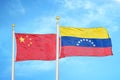 China and Venezuela two flags on flagpoles and blue cloudy sky