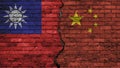 China versus Taiwan, the two flags of the countries on an old brick wall