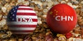 China vs. USA Soccer Match - Soccer balls in China and USA national colors on a bed of golden dollar coins. Royalty Free Stock Photo