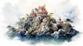 China Watercolor Illustration: Anime-inspired Island In Buddhist Art Style