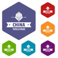 China welcome icons vector hexahedron