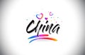 China Welcome To Word Text with Love Hearts and Creative Handwritten Font Design Vector