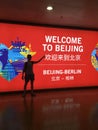 China welcomes you! At the airport of Beijing, a welcome board for Passengers