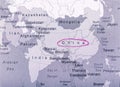 China on the world map. Country name circled in red