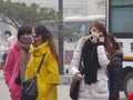 China xian haze still landmark tower looms (citizens and tourists travel in masks to protect health)