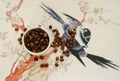 China specialty coffee concept. Roasted bean in white cup and on traditional chinese pattern background. Top view