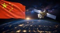 Chinas flag and satellite orbiting earth at sunrise Royalty Free Stock Photo