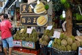 Chinatown, Singapore - March 8, 2019 : Man selling durian on chinatown market