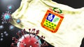 Chincha Alta and covid pandemic - virus attacking a city flag of Chincha Alta as a symbol of a fight and struggle with the virus