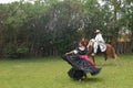 chincha , Pe: Lads dancing a traditional folk dance la marinera with a Peruvian Paso-caballo de pas