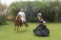 chincha , Peru : Lady in dress dancing a traditional folk dance la marinera with a Peruvian Paso-caballo de paso -