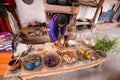 CHINCHERO, PERU - July 13, 2018. Natural dyeing of alpaca wool