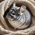 a chinchilla nestled in soft bedding surrounded by natural textures and bathed in the warm.