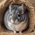 a chinchilla nestled in soft bedding surrounded by natural textures and bathed in the warm.