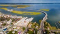 Chincoteague bridge across the Chincoteague Bay in Virginia and views of the waterfront. Drone view Royalty Free Stock Photo